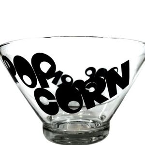 Vintage Glass Popcorn Serving Bowl Black Font 10" Diameter Made in USA70s Era